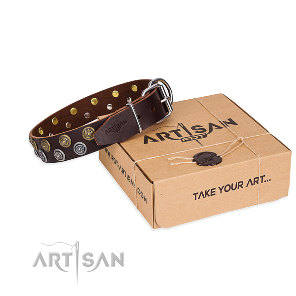 Full grain genuine leather dog collar with studs for daily walking