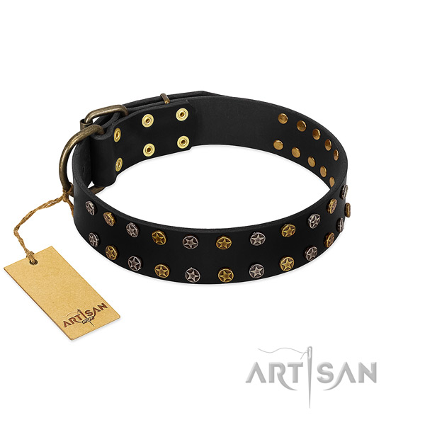 Stylish design natural leather dog collar with rust-proof studs