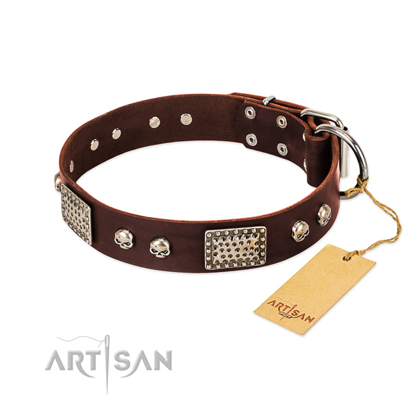 Easy adjustable full grain leather dog collar for everyday walking your dog