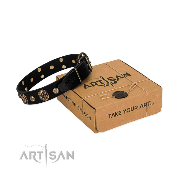 Rust-proof traditional buckle on leather dog collar for comfortable wearing
