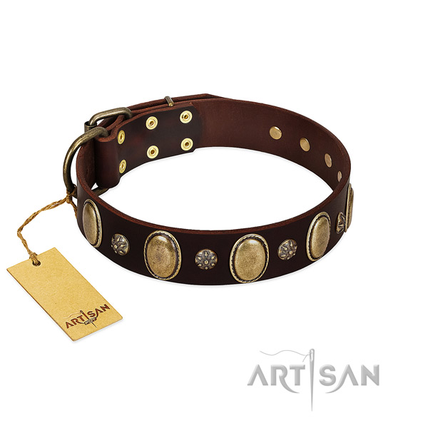 Daily walking reliable genuine leather dog collar with adornments