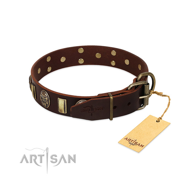 Full grain genuine leather dog collar with rust-proof buckle and decorations