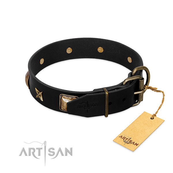 Durable traditional buckle on natural genuine leather collar for daily walking your doggie