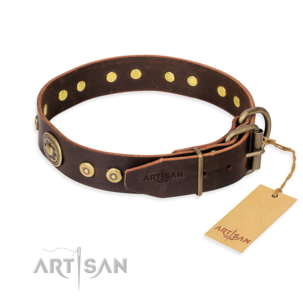 Full grain natural leather dog collar made of high quality material with rust resistant studs
