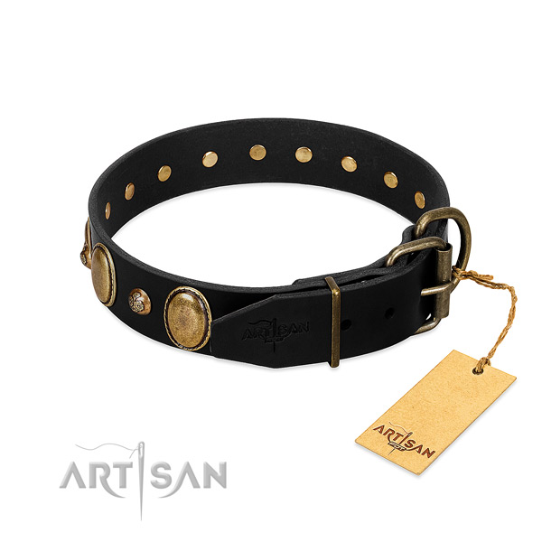 Corrosion proof hardware on full grain natural leather collar for walking your four-legged friend