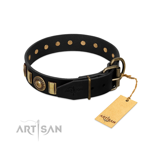 Strong genuine leather dog collar with decorations