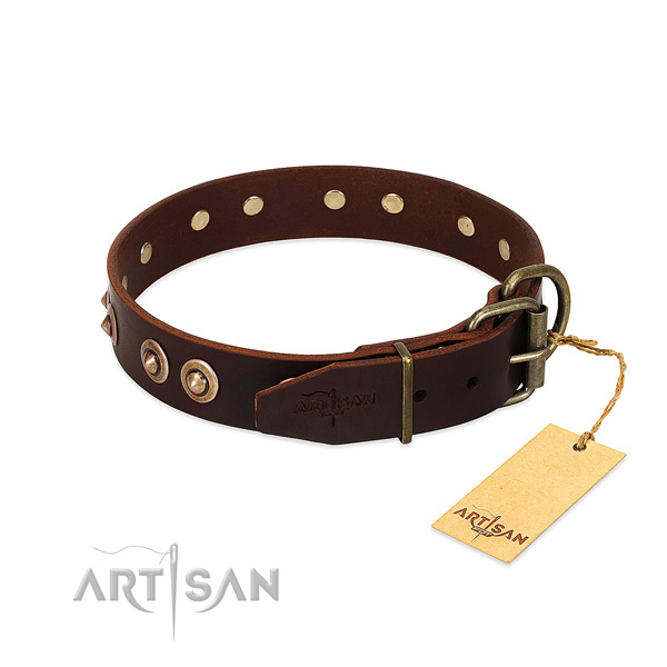 Strong D-ring on genuine leather dog collar for your canine