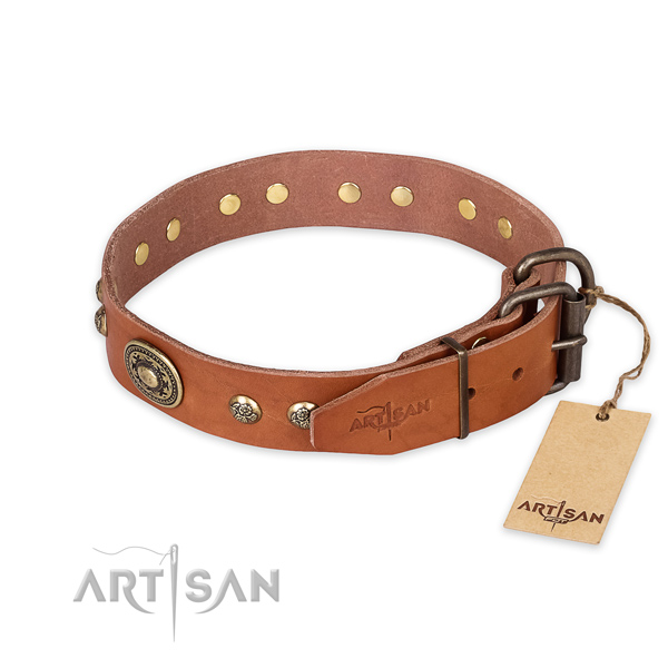 Rust-proof D-ring on full grain genuine leather collar for stylish walking your canine