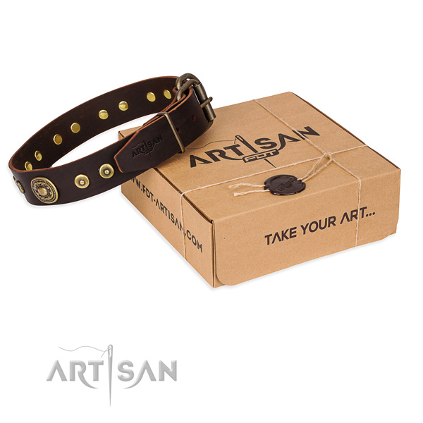 Full grain genuine leather dog collar made of high quality material with rust-proof D-ring