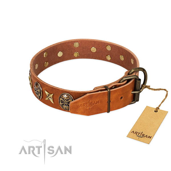 Full grain natural leather dog collar with durable D-ring and embellishments