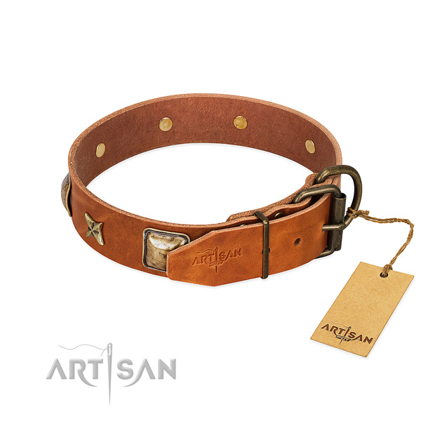 Full grain leather dog collar with rust-proof buckle and embellishments