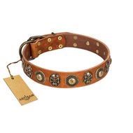 "Golden Epoch" FDT Artisan Tan Leather English Bulldog Collar with Old Bronze-plated Medallions and Conchos "Golden Epoch" FDT Artisan Tan Leather English Bulldog Collar with Old Bronze-plated Medallions and Conchos